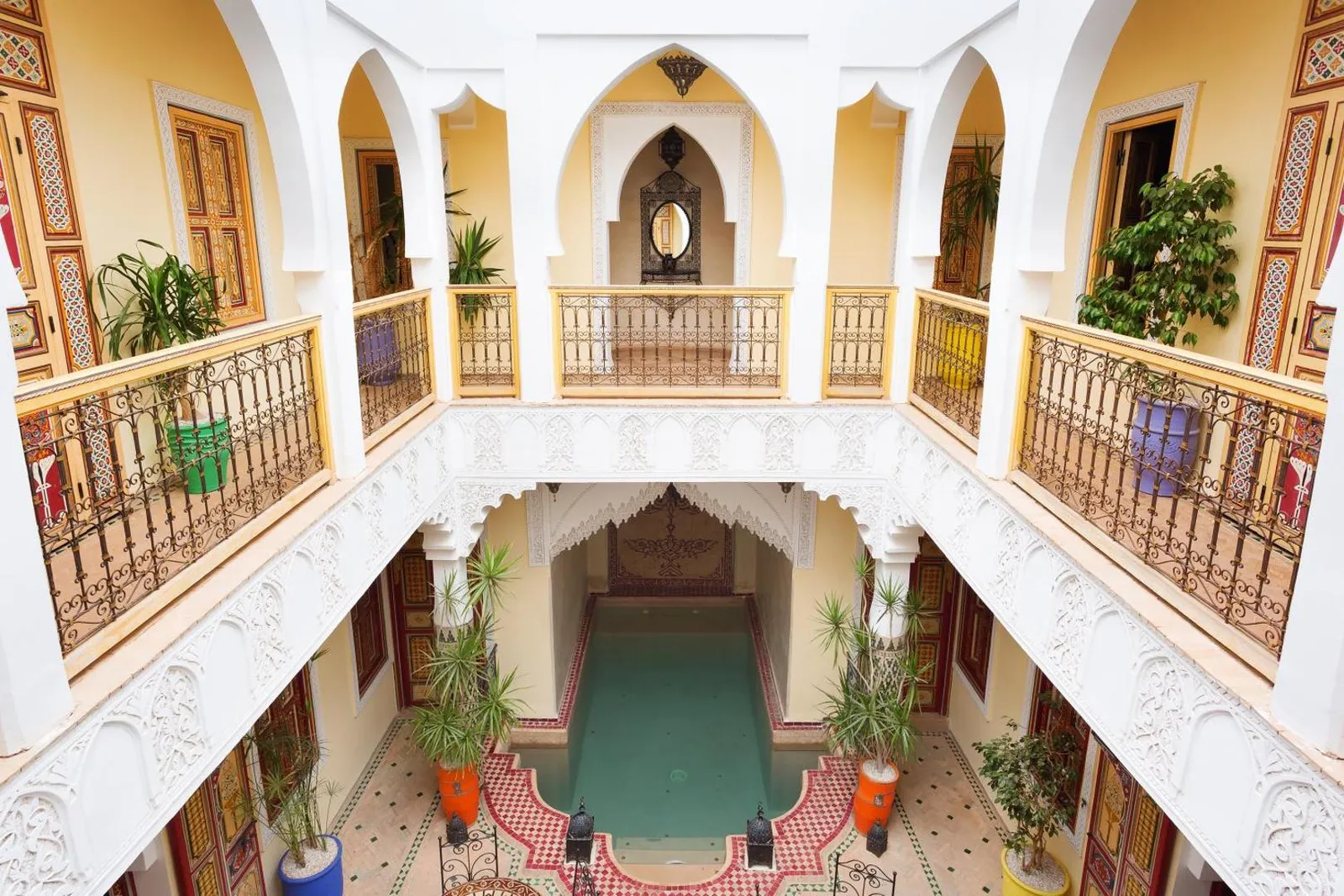 The courtyard of Riad Sofia seen from the gallery, plunge pool below